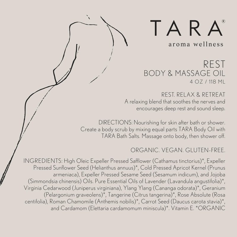 TARA Spa Therapy Rest Body & Massage Oil – Premium Organic Oil for Deep Relaxation & Rest, 100% Pure Essential Oils, Lavender, Chamomile & Sandalwood, 4 oz