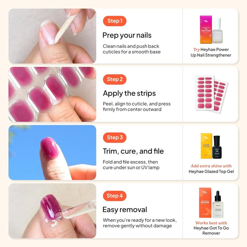 Heyhae Semi Cured Gel Nail Strips | No LED Lamp Needed | Solid, Red | Easy Apply & Remove, Salon Quality | Includes 28 Strips, 1 Prep Pads, Nail File & Wooden stick - Hey, Cherry on Top