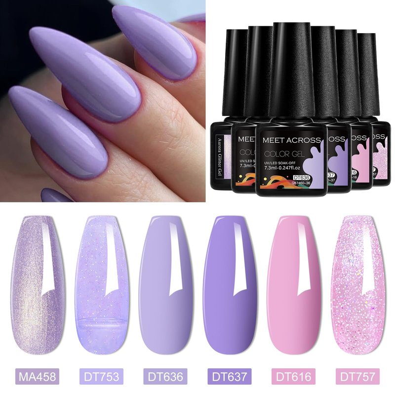 MEET ACROSS Gel Nail Polish Set 6 Colors Purple Glitter Gel Nail Polish Neutral Pearl Pink Shimmer Mermaid Nail Drawing Soak Off LED Art Kit Salon DIY Gift for Women