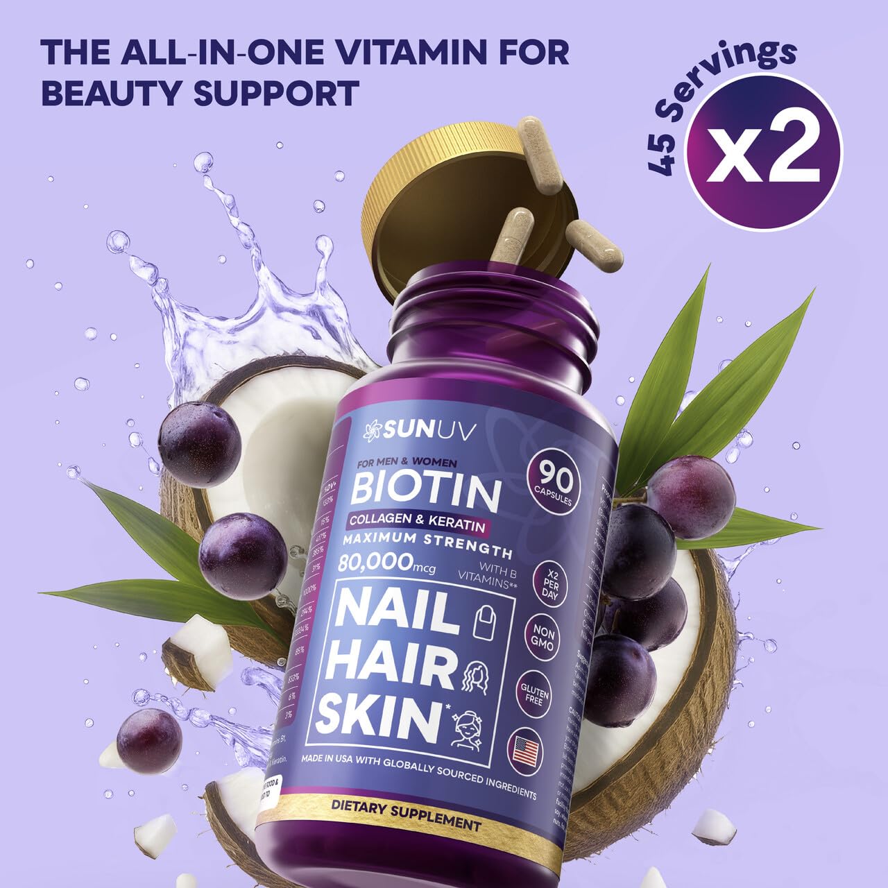SUNUV Biotin 10,000mcg | Collagen | Keratin | Hyaluronic Acid - 80,000mcg Hair Growth Vitamins for Hair Skin & Nails Support - Women & Men - Vitamins B1,B2,B3,B5,B6,B9,B12 -Made in USA-90 Capsules