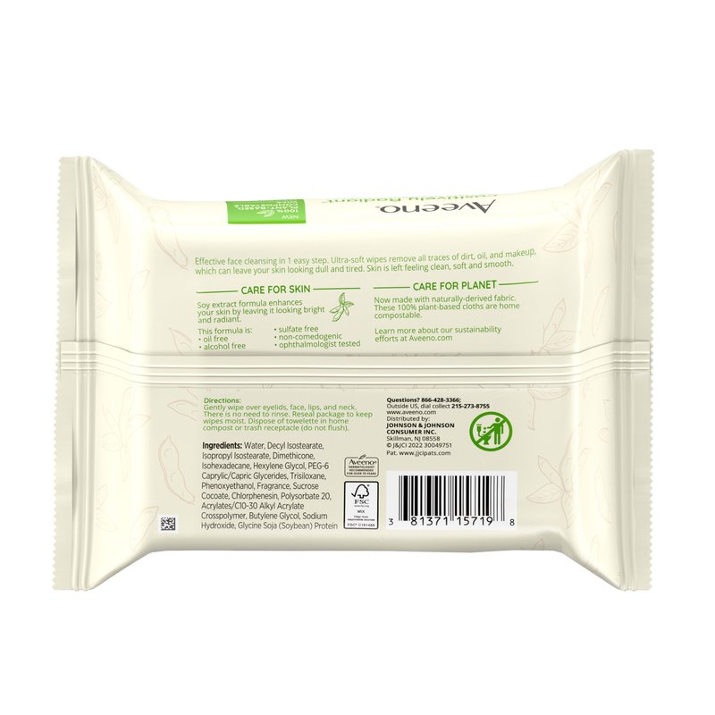 Aveeno Positively Radiant Alcohol-Free Makeup Removing Face Wipes, Ultra Soft, Gentle, Non-Comedogenic Facial Cleansing Wipes Leave Skin Feeling Clean & Soft, Sulfate Free, 25 ct
