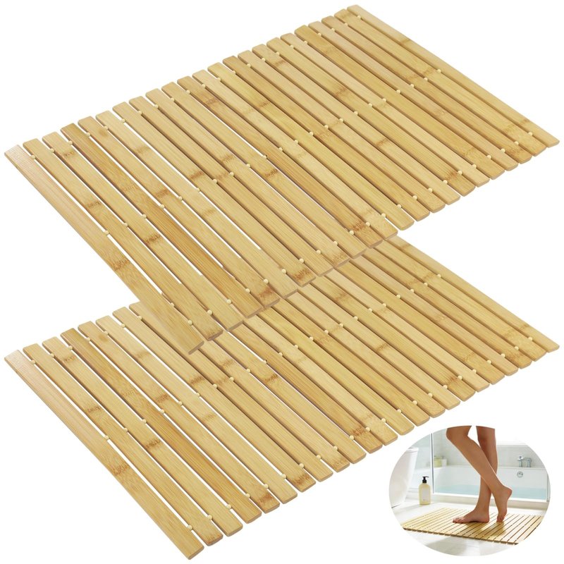 2 Pcs Bamboo Bath Mat, 23.6 x 15.7 in Hand Woven Wooden Shower Mat, Non-Slip Waterproof for Bathroom, Spa, Sauna, Outdoor Use