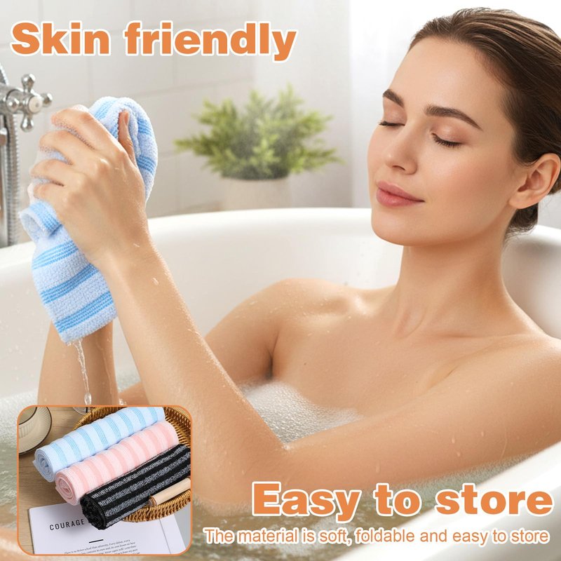 Exfoliating Shower Towel, 38 Inches Scrub Towels for Shower Exfoliating, Stripes Showers Towel for Smooth and Soft Skin (3 Colors, 6 Pcs)