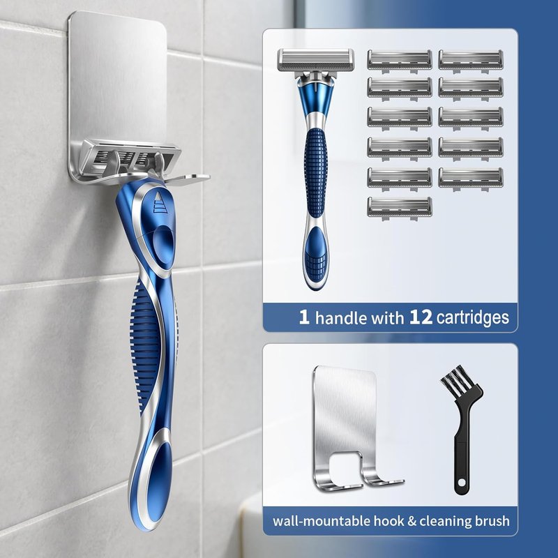 Skiennix 6-Blade Manual Razor for Men - Ergonomic Handle, 12 Blade Refills, Washable Design
