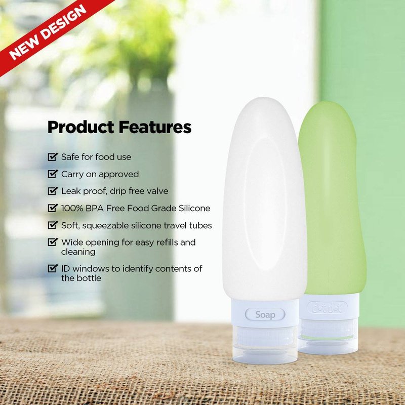 Dot&Dot Leak Proof Travel Bottles - Tubes for Liquid TSA Approved 3oz Silicone Toiletries Travel Shampoo & Conditioner Containers with Labels
