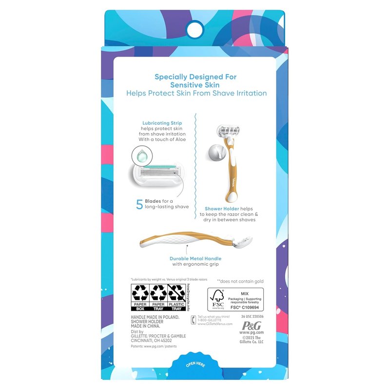 Gillette Venus Extra Smooth Women's Razor - Sensitive Gold Handle with 2 Blade Refills & Shower Holder
