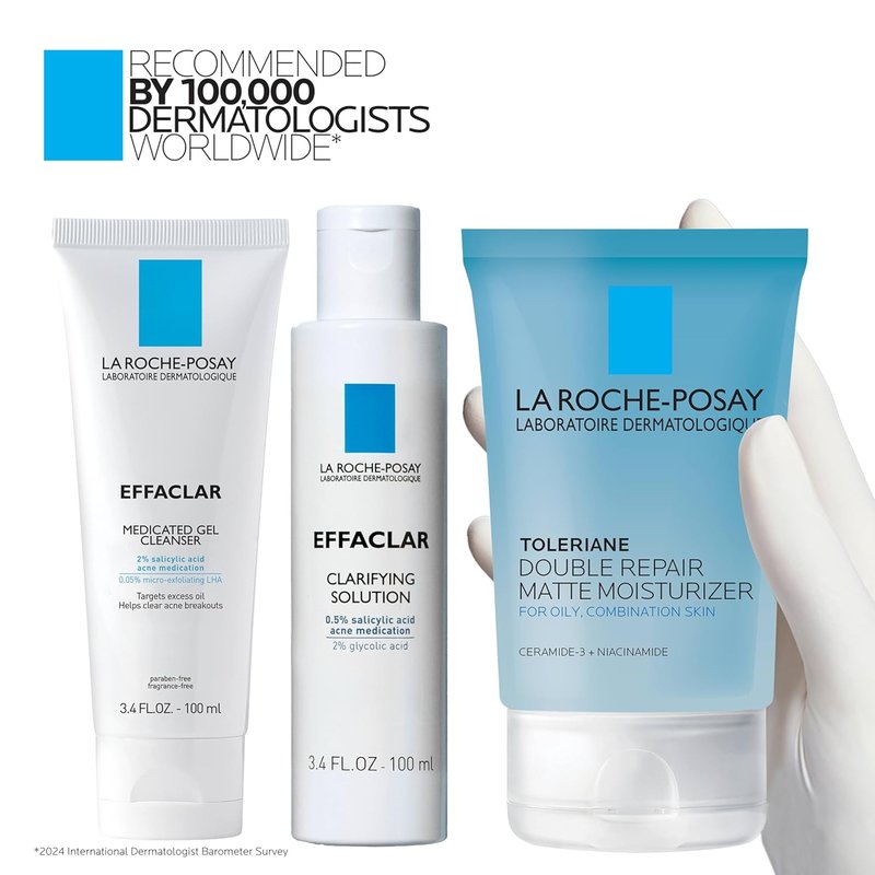 Effaclar Daily Acne Treatment Kit - Salicylic Acid Cleanser, Pore Refining Toner & Oil-Free Moisturizer | 2-Month Supply for Oily & Combination Skin