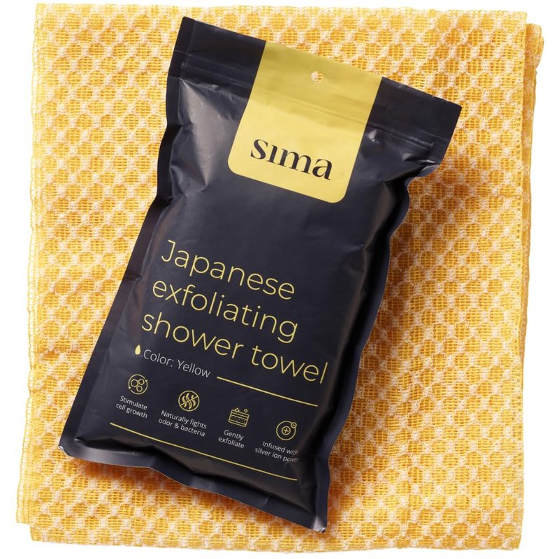 Exfoliating Washcloth Face & Body Scrub Towel - Japanese Exfoliating Towel with Hexagon Fibers, Body Scrubber with 2 Sides for Scrubbing & Washing, Extra Long Towels (Yellow, 3 Pack)