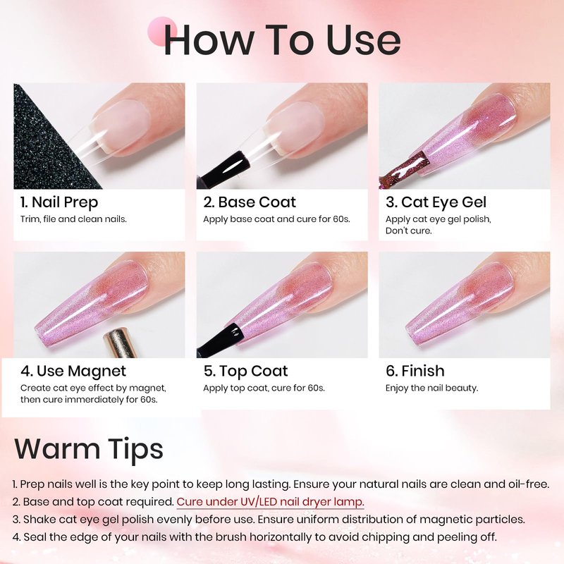MIZHSE Cat Eye Gel Nail Polish, Pink Magnetic Gel Polish with Magnet Stick, Starry Effect Trendy Salon Shimmer Nail French Soak Off Manicure Home