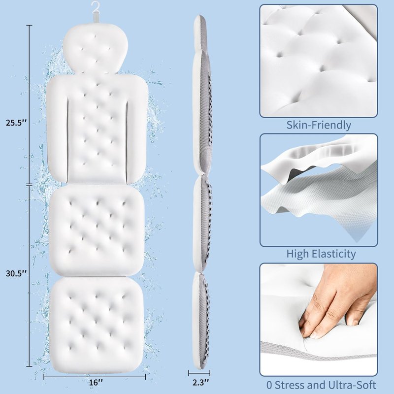 Luxury Bath Cushion, Full Body Bathtub Pillow with 160 Suction Cups, Bath Mat for Head and Neck Support, with Laundry Bag (White, 56" x 16")