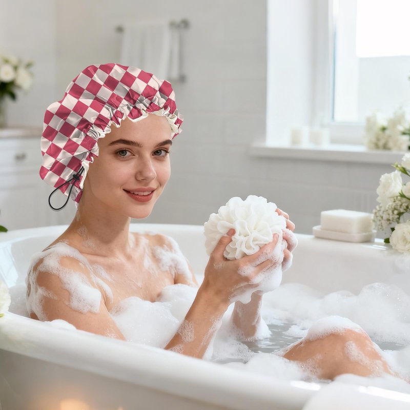 BHAHB Shower Cap Reusable Double Layer Adjustable Elastic Waterproof EVA Hair Bath Caps for Women Girls Cute Aesthetic-Pink Checkered