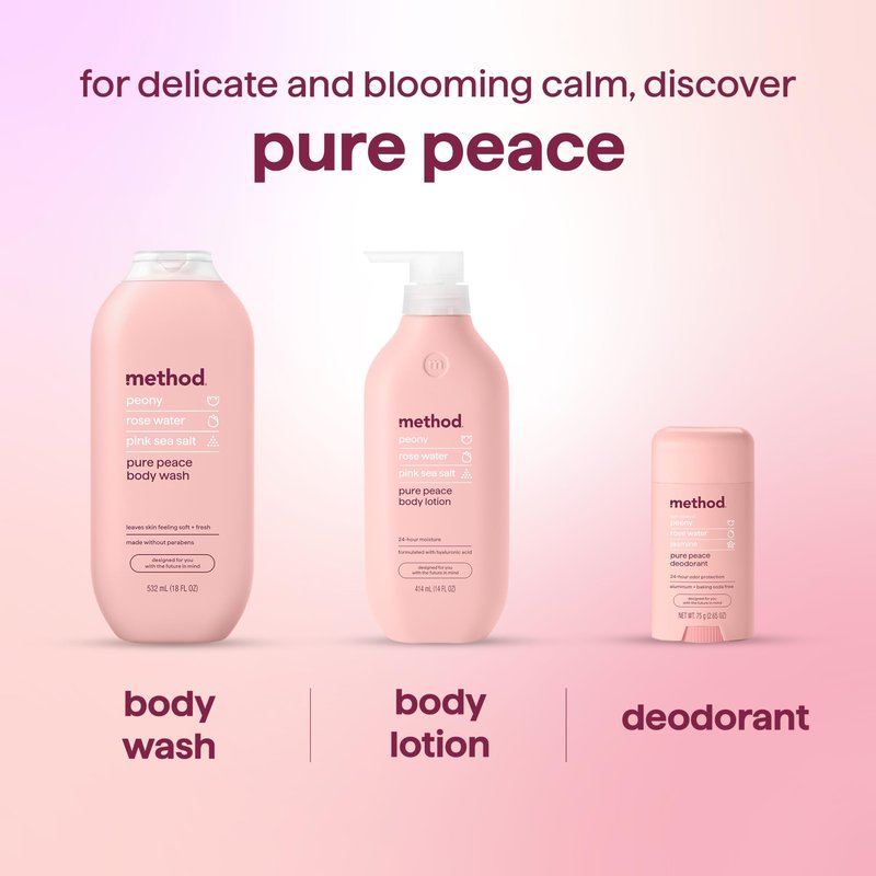 method Deodorant Stick, Pure Peace - 24-Hour Odor Protection, Aluminum & Baking Soda Free, Notes of Peonies, Rose Water & Jasmine, 2.65 oz