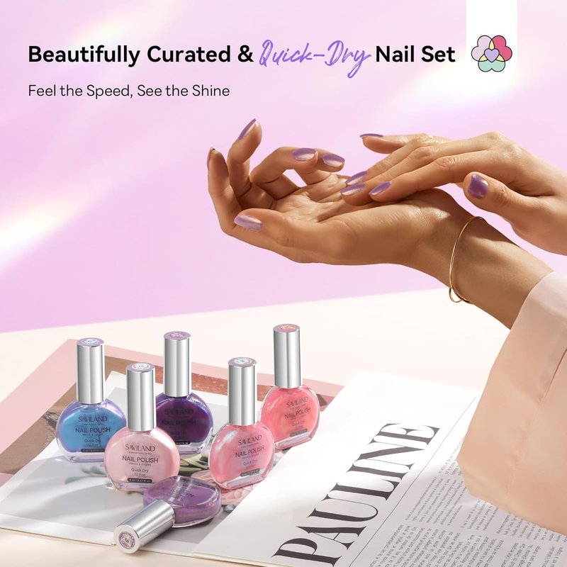 SAVILAND Pearl Nail Polish Set: Quick Dry 12-Free Aurora Summer Nail Polish 6 Shimmer Purple Pink Blue Colors Fingernail Polish Set Vegan Nail Toes Lacquer DIY Nail Art Home Use Christmas Gift Women