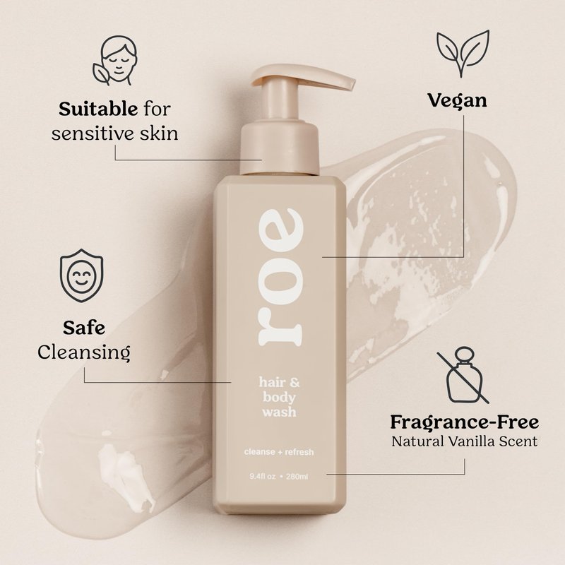 Roe Wellness- Toddler & Baby Body Wash & Shampoo Moisturizing Clean Ingredients | Suitable for Sensitive Skin, Fragrance-Free, Natural Vanilla Scent, Fresh Cleaning | 9.4 fl oz.