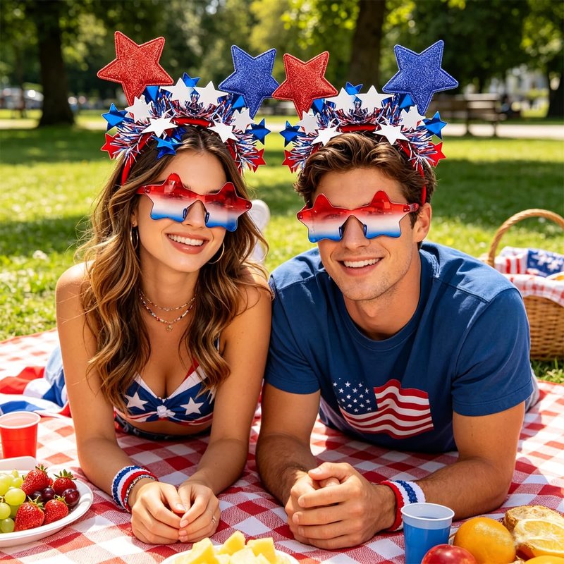 4th of July Patriotic Headband and Star Sunglasses Set Red White Blue Glitter Star Headband with Tinsel Independence Day Accessories for Women Novelty Glasses for 250th Anniversary Parade Photo Booth