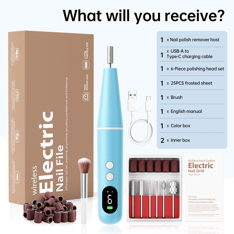Electric Nail Drill Kit, Electric Nail File Cordless Nail Drill Machine for Acrylic Gel Dip Powder Nails, Professional Portable Manicure Pedicure Rechargeable Lightweight for Home Salon Use