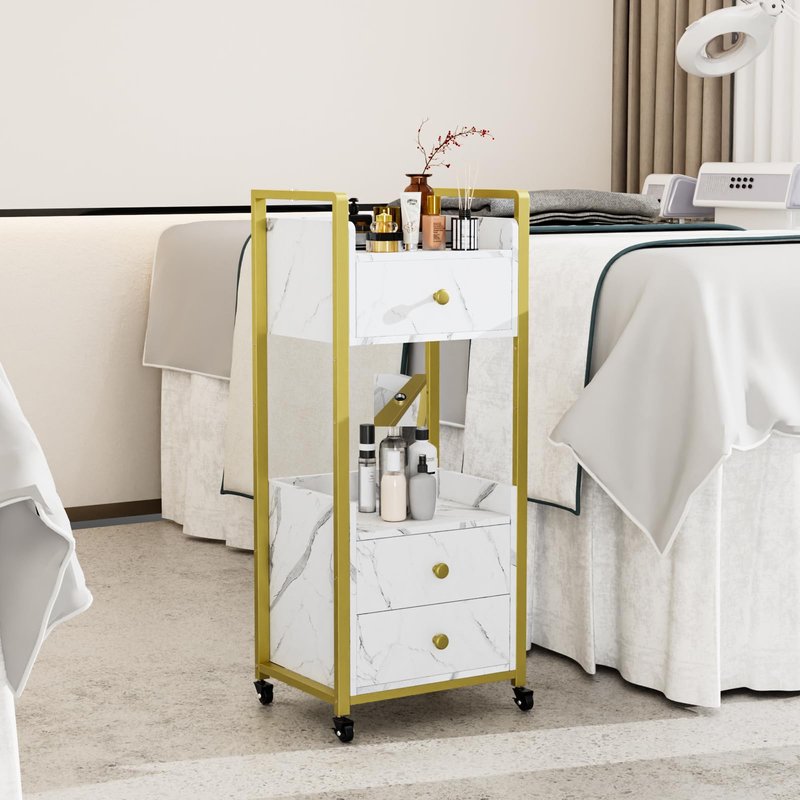 OmySalon Salon Trolley Cart with Wheels, Esthetician Cart with 3 Drawers & 2 Trays, Mobile Storage Organizer for Beauty Spa Massage Tattoo Esthetic Facial Tool Holder Station, White Marble