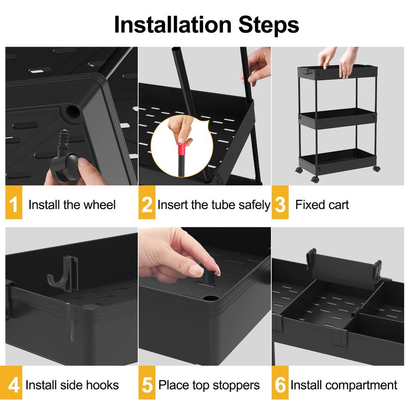 SPACELEAD 3 Tier Rolling Cart with Wheels, Storage Craft Art Trolley Organizer Serving, 3 Hanging Baskets Easy Assembly, for Office, Bathroom,Living Room, Kitchen, Black