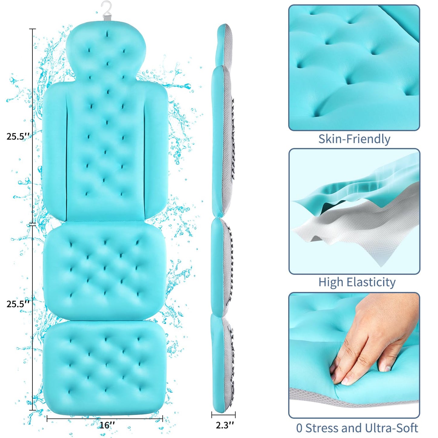 Luxury Bath Cushion, Full Body Bathtub Pillow with 160 Suction Cups, Bath Mat for Head and Neck Support, with Laundry Bag (Blue, 51" x 16")