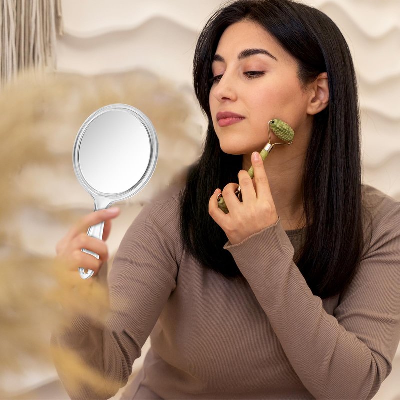 Dimeho Handheld Mirror 4.5 Inch Double-Sided Hangable Hand Mirror Acrylic Round 1X/2X Magnifying Mirrors with Handle Hand Held Wall Mount for Makeup Salon Home Barber Shaving Travel Women Men