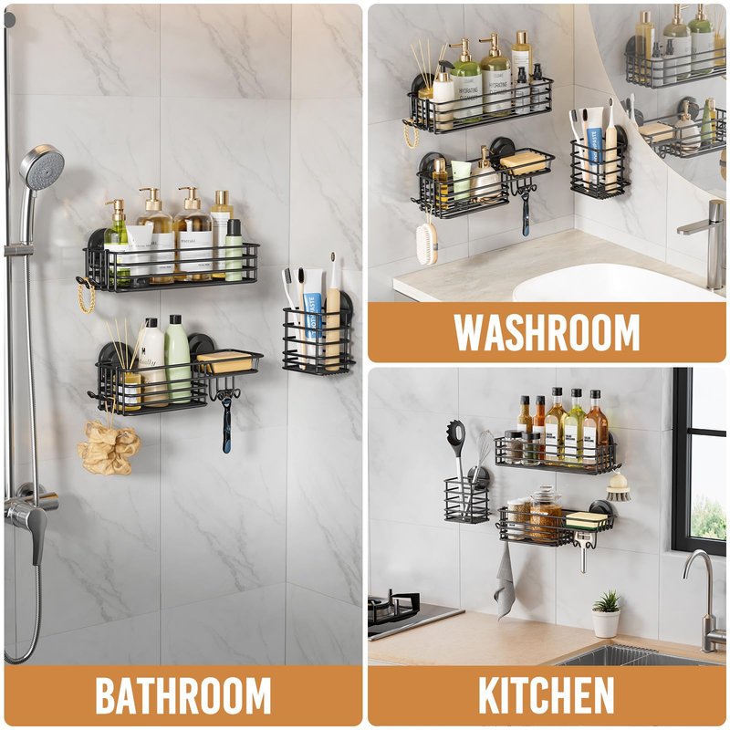 LEVERLOC Shower Caddy Suction Cup, 3 Pack Heavy Duty Bathroom Organizer for Inside Shower with Hooks & Soap Holder, Removable Bathroom Organizer, Rustproof Black Holder Storage