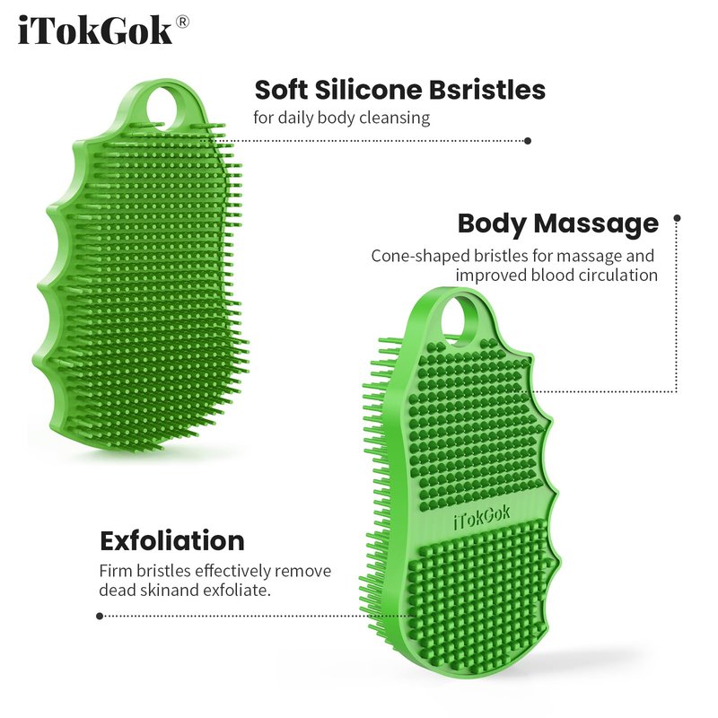 iTokGok Silicone Body Scrubber Silver-Infused Dual-Sided 3-in-1 for Shower, Body Cleaning+Massage+Exfoliator Body Brush Buffer for Men and Women, Silicone Loofah, Non-Slip Handle (Green)