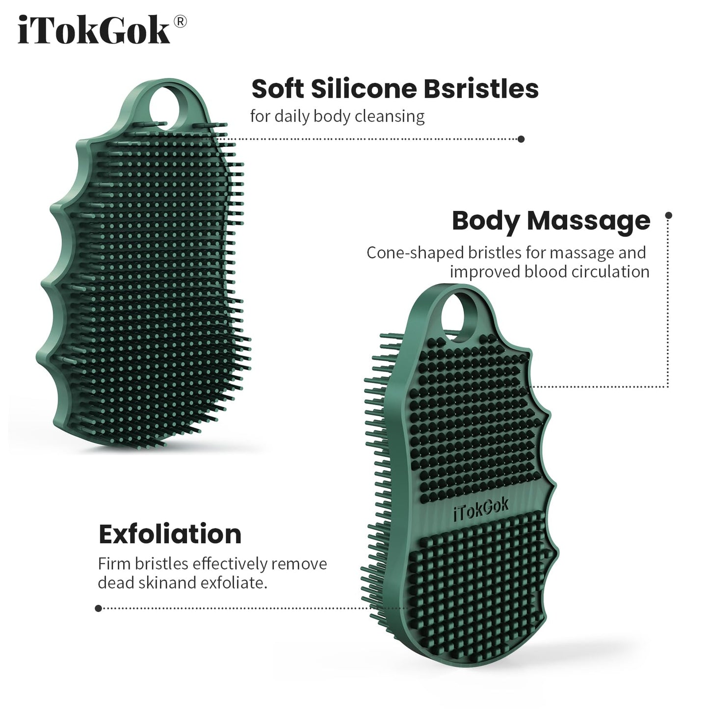 iTokGok Silicone Body Scrubber Silver-Infused Dual-Sided 3-in-1 for Shower, Body Cleaning+Massage+Exfoliator Body Brush Buffer for Men and Women, Silicone Loofah, Non-Slip Handle (Midnight Green)