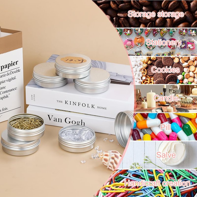 YQ 60 Pack 2oz Tins with Lids, Refillable Salve Tins, Thick 2 oz Tin with Labels, Screw Lid 2oz Tin, Aluminum Round Salve Containers for Lotions, Balms, Salve (Silver)