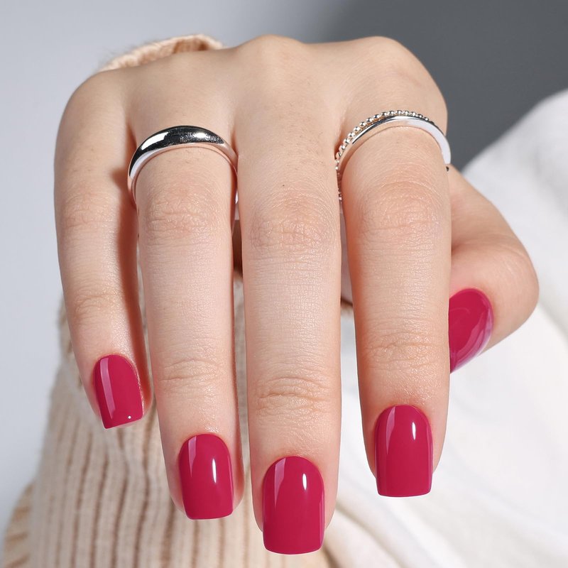 Hot Pink Press On Nails - Short Square Press On Nails with Glue for Women, Reusable Fake nails in 15 Sizes, 30 Stick On Nails