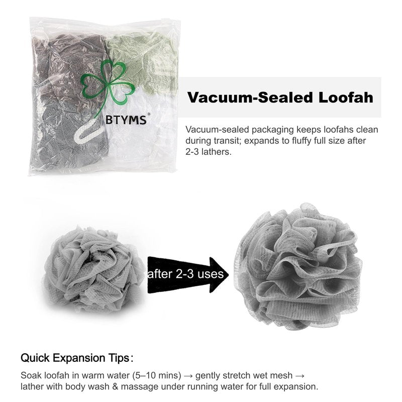BTYMS 75g/Pc Large Loofah Bath Sponge, Exfoliating Body Scrubber Shower Scrunchies Mesh Pouf - Set of 6
