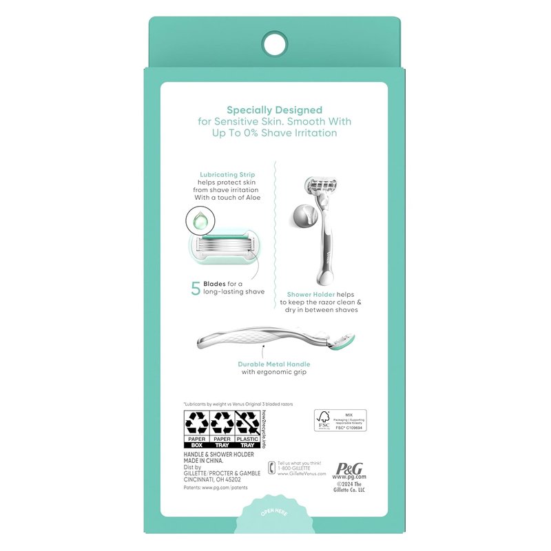 Gillette Venus Extra Smooth Sensitive Razor for Women, Includes 1 Reusable Razor Handle + 2 Refills, for Sensitive Skin with Metal Handle and Shower Holder