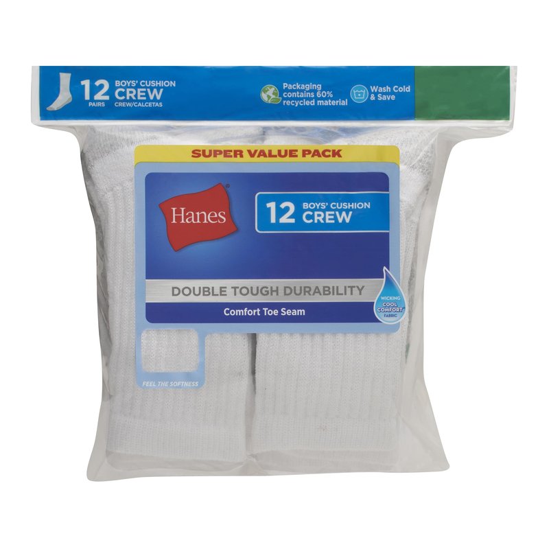 Hanes Boys Socks, Double Tough Cushioned Crew 12-pair Packs Athletic-socks, White/Grey Bottom, Large US