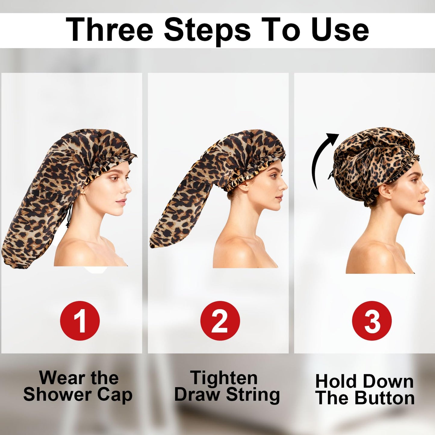 ELEBOX 2 Pack Extra Large Shower Cap for Braids/Curly Hair/Dreadlock | Reusable Waterproof Long Bonnets for Women Shower/Cleaning/Spa | Bathing Cap with Adjustable Drawstring & Button, Black+Leopard