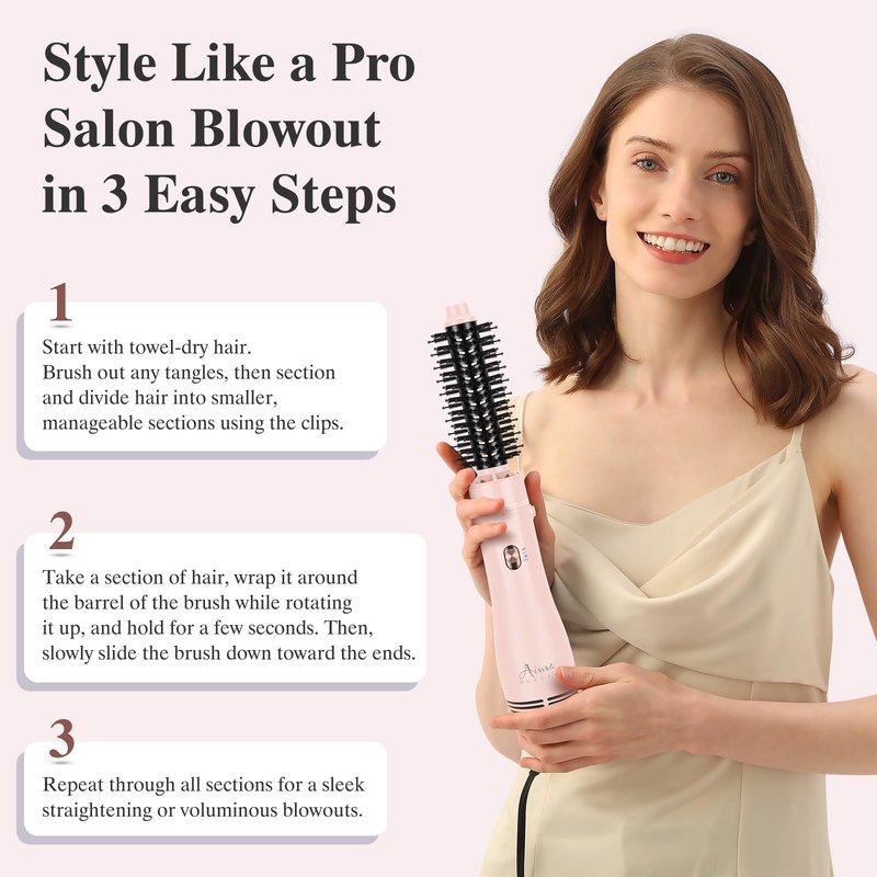 Aima Beauty Blow Dryer Brush Set - 4-in-1 Round Brush Blow Dryer Adds Shine, Smooth, Curl & Volume for Short to Medium Hair, Interchangeable 1” & 1.25” Round Barrel, Ionic Frizz Control, Pink