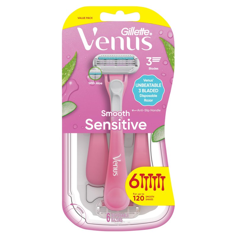 Gillette Venus Sensitive Disposable Razors for Women with Sensitive Skin, 6 Count, Delivers Close Shave with Comfort