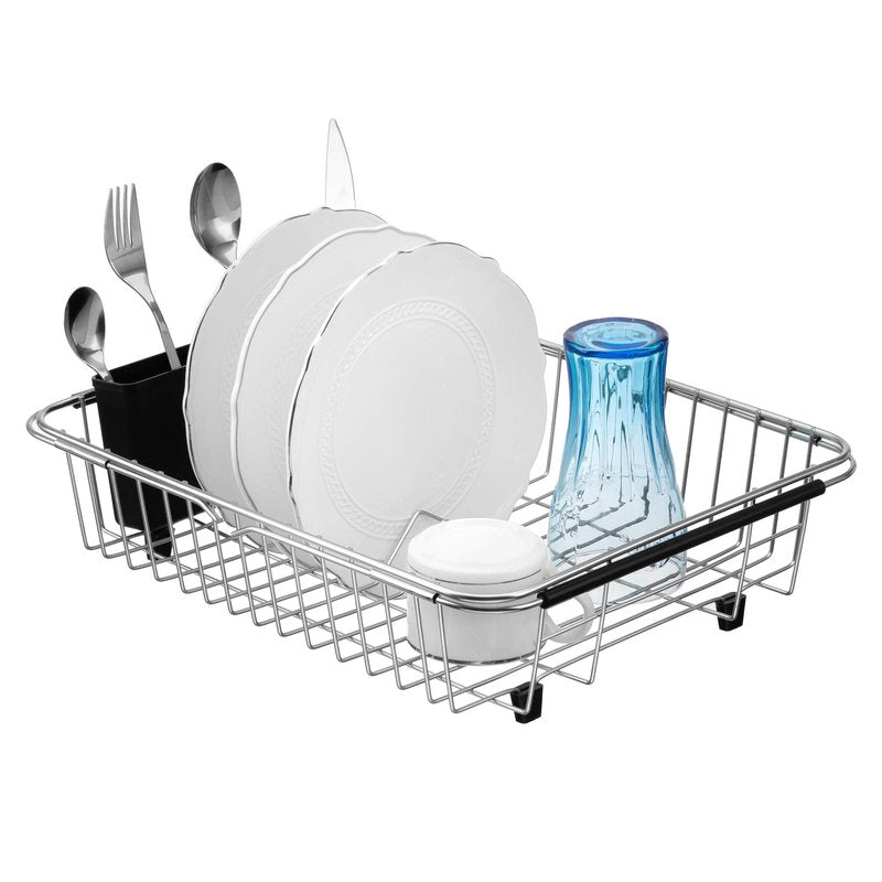 iPEGTOP Expandable Dish Drying Rack, Over The Sink Dish Rack, in Sink Or On Counter Dish Drainer with Black Utensil Holder Cutlery Tray, Rustproof Stainless Steel for Kitchen