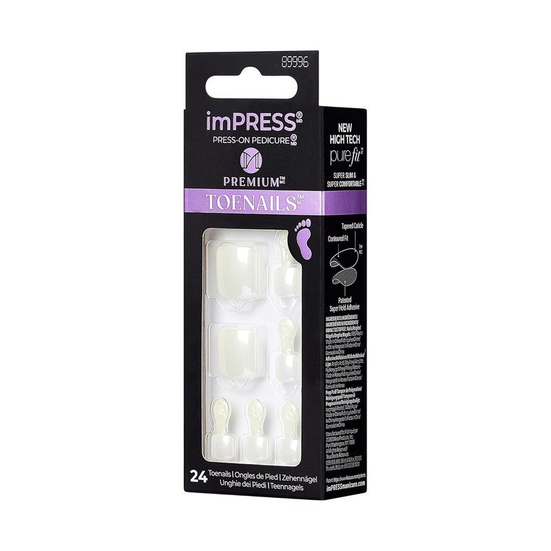 KISS imPRESS Premium No Glue Press-On Toenails - Sparkling White Pearl Squoval | 24 Nails, Prep Pad & Tools Included