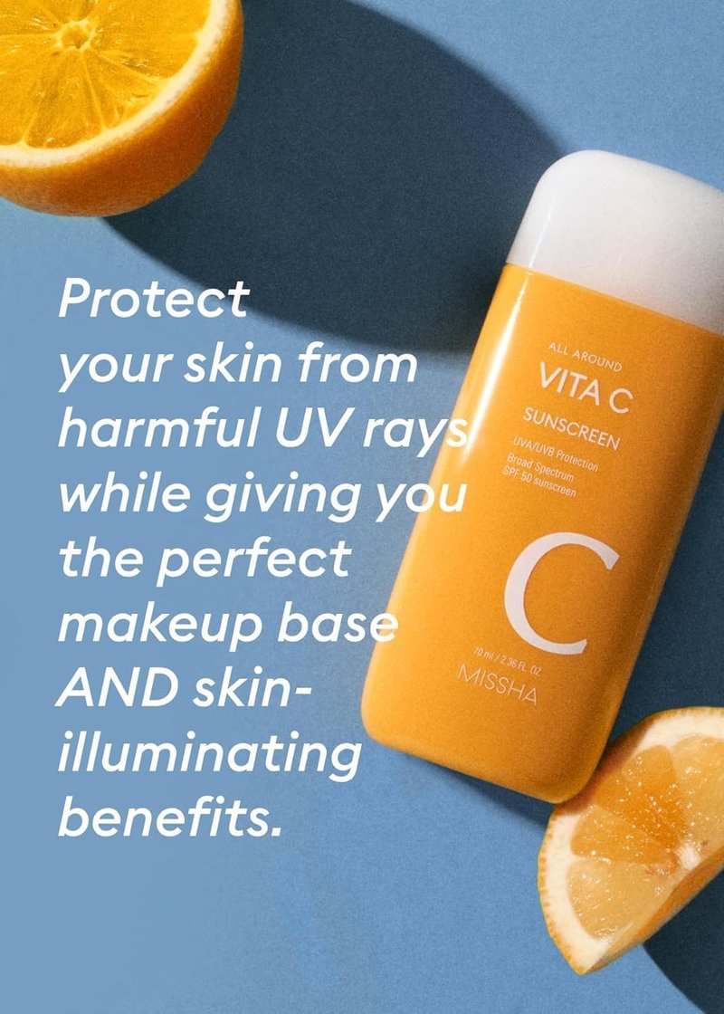 MISSHA All Around Vita C Sunscreen SPF 50 | Lightweight Korean Sunscreen for Even Tone, 2.36 Fl Oz