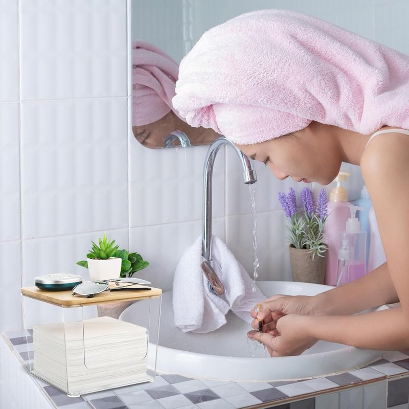 Rainmae Acrylic Face Towel Holder - XL Tissue Storage Box with Bamboo Lid for Bathroom Vanity