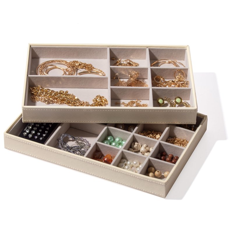 BINO | Jewelry Tray 2-Pack(Champagne) Stackable Jewelry Organizer Display | Accesories Holder and Display, Velvet Accent | Jewelry Display Case | Counter Showcase | Ring, Necklace, Bracelet, Earrings