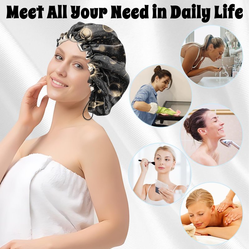 BHAHB Luxury Shower Cap Satin Lined Reusable Waterproof Double Layer Elastic Adjustable Hair Bath Cap Cute Aesthetic Women Girls-Moon