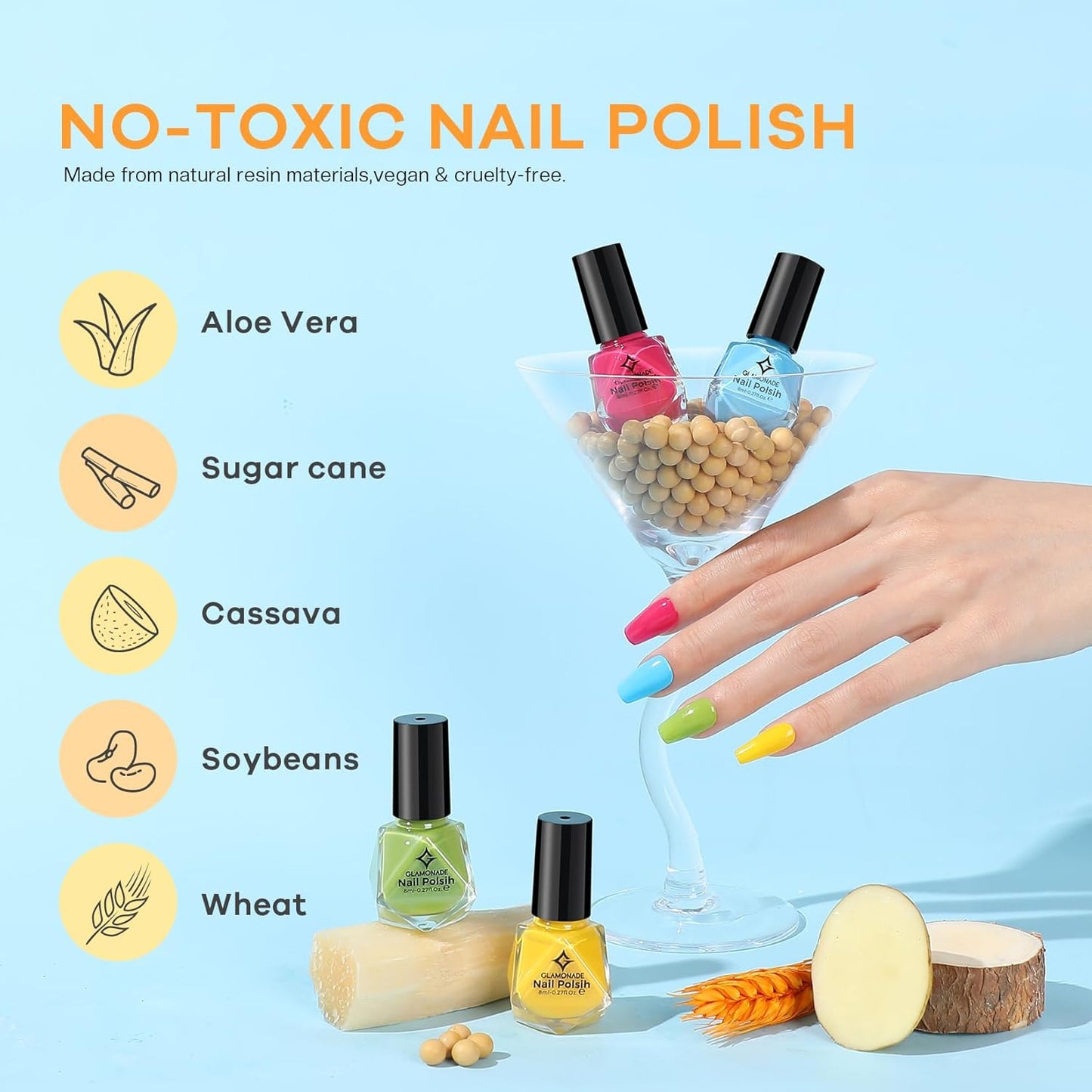 Skiennix Non-Toxic Nail Polish Set - Organic Quick-Dry Lacquer Kit | Rainbow Colors for Kids & Women