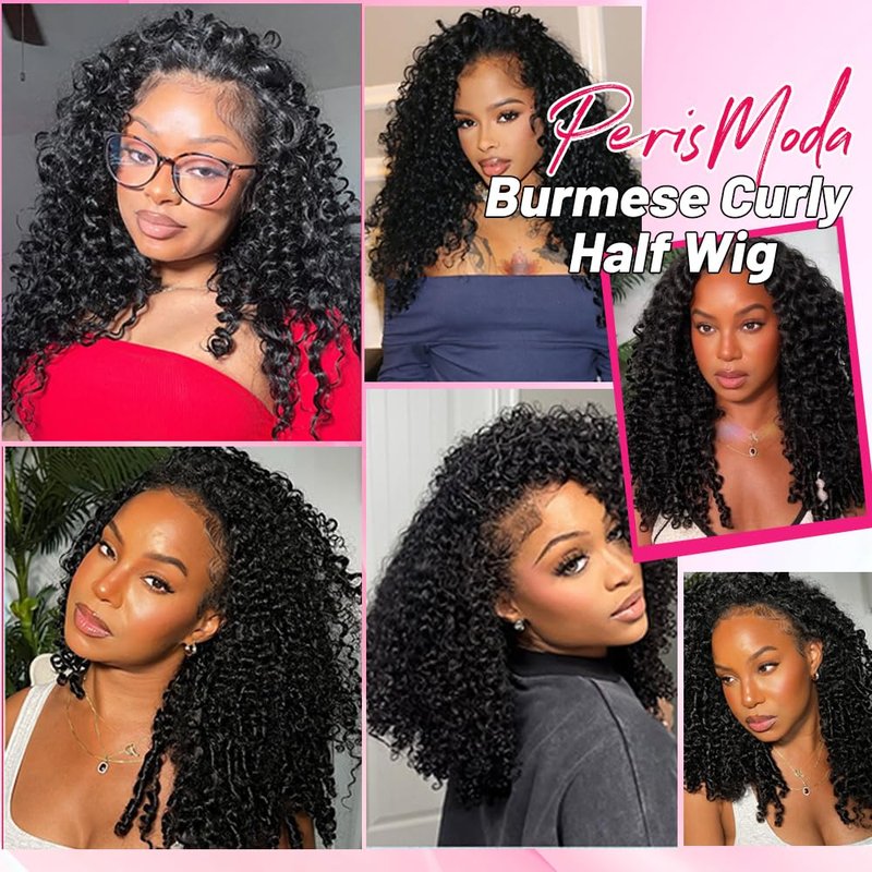 Perismodа Burmese Curly Half Wig - Glueless Human Hair with 200% Density | 18-Inch Kinky Curly Style