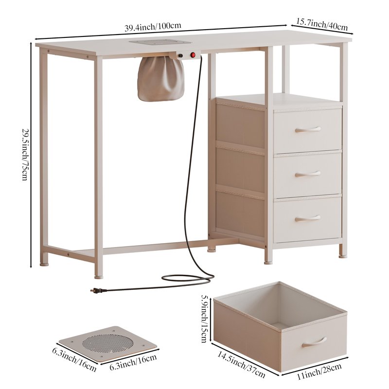 NinPeen Nail Table with dust Collector,Small Manicure Table with Drawers for Nail tech,Nail Station with Open Shelf for Home,Workshop,Makeup Beauty Salon Workstation (White)