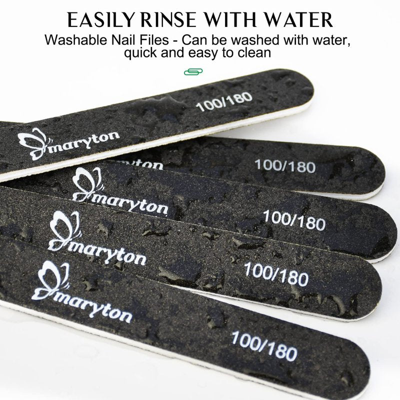 Maryton Nail File 100/180 Grit Emery Boards for Nails 12 PCS Professional Double Sided Washable Nail Files Kit for Acrylic Nails DIY Salon Use (Black)