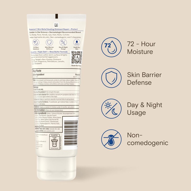 Aveeno Skin Relief Healing Ointment, for Extra Dry, Cracked & Sensitive Skin, 72-Hour Protectant with Triple Oat, Shea Butter & Glycerin, Fragrance-Free for Body, Face, Hands, Lips 7.2 oz