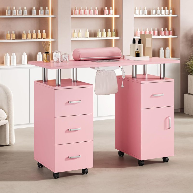 Manicure Table with Storage Cabinets and Drawers, Nail Desk for Nail Tech with Lockable Wheels, Dust Collector Acetone Resistant, Arm Rest for Makeup Spa Beauty Salon Station