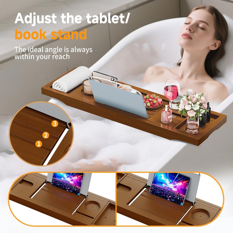 Foldable Bathtub Caddy Tray, Bamboo Bath Tub Tray Table for Tub with Wine Glass Holder Book Phone Tablet Holder with Extending Sides, Adjustable Bathroom Bathtub Free Soap Holder Gift Idea (Walnut)