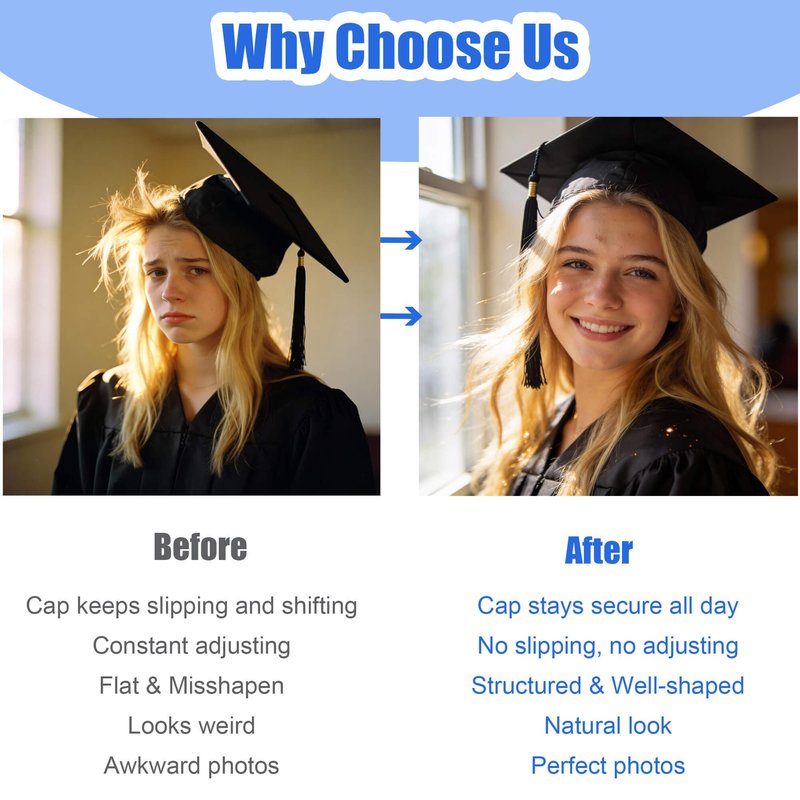 Adjustable Graduation Grad Cap Headband Insert Invisible Firm Anti-Fall Grad Cap Headband for Graduation Hat Foldable Holder for Small Heads Big Heads Any Hairstyle Black