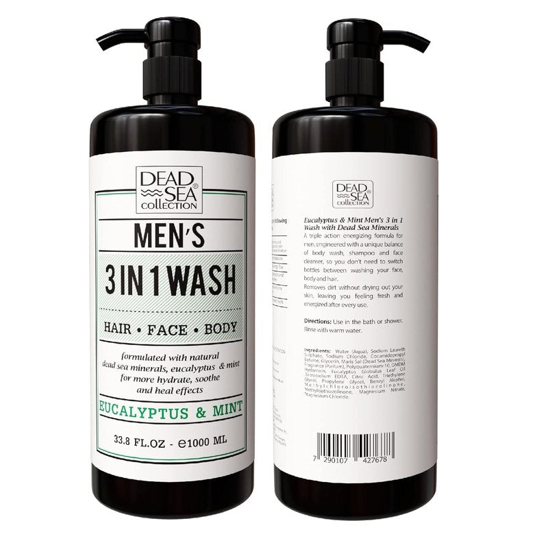 Dead Sea Collection Eucalyptus Mint Men’s Body Wash – 3 in 1 Body Wash for Men for Hair, Face & Body – Moisturizing Shower Gel with Dead Sea Minerals – Pack of 2 (33.8 fl oz each)